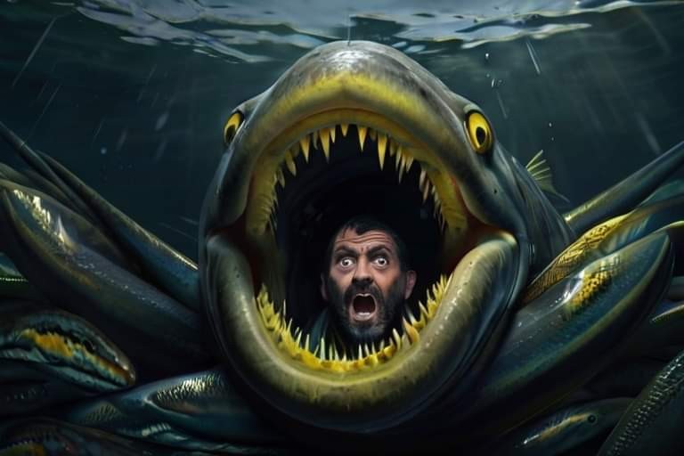 Cabeza de Roberto en la boca de una anguila gigante